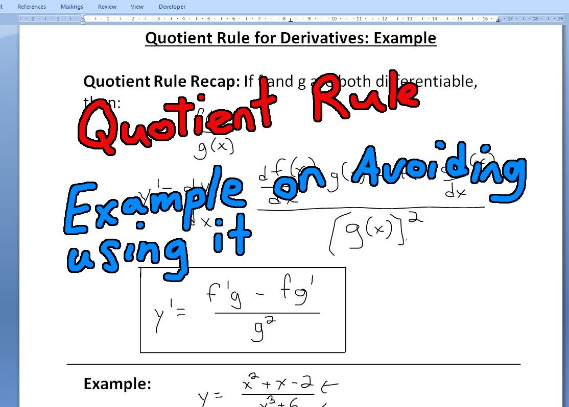 Derive examples. Quotient Rule. Quotient Rule derivative.