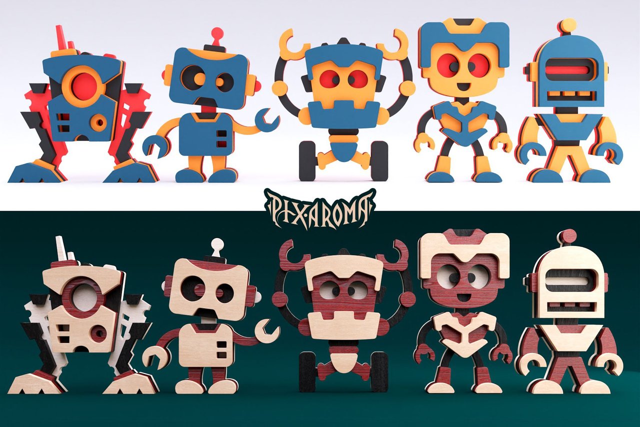 Cute Robots - 3D Layered Laser Cut Files Preview 2.jpg