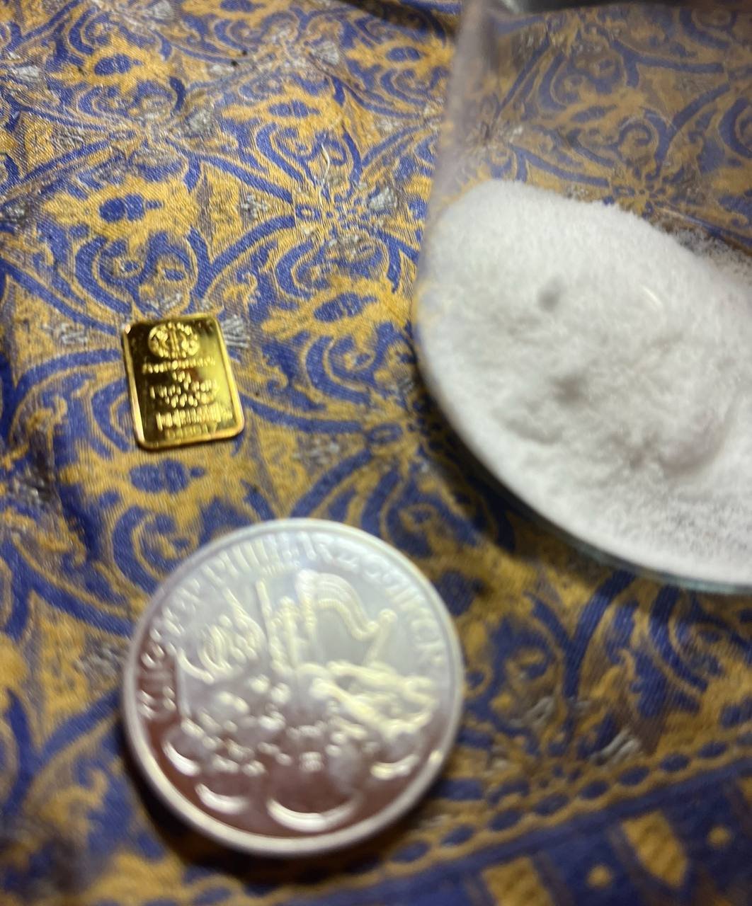 24K Gold Bar - 999 Silver Coin & Ammonium Chloride waiting to be dissolved in distilled Water