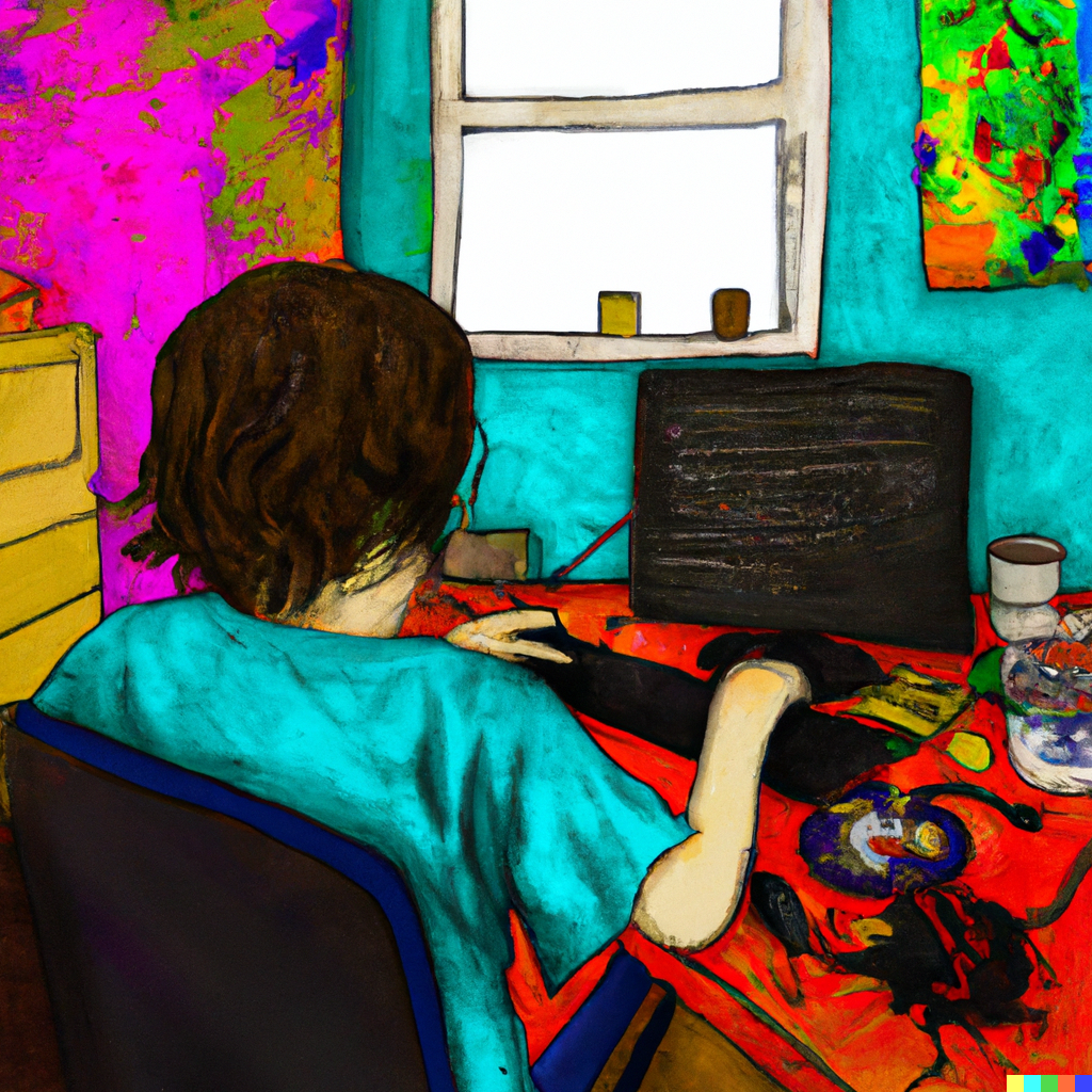 DALL·E 2023-03-09 11.16.03 - create a colorful painting of a boy working on his linux computer in his messy room..png