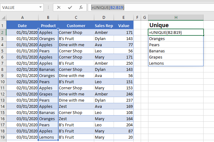 unique in excel