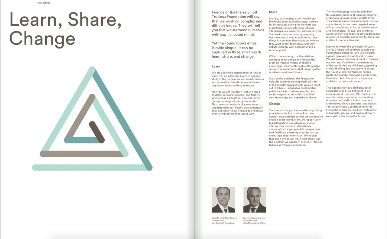 The opening page of the 2015/16 Report of the Pierre Elliot Trudeau Foundation