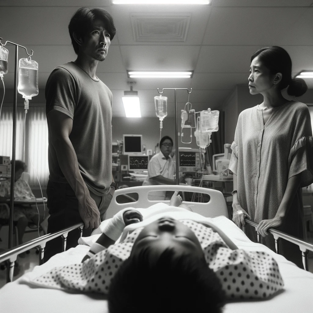 DALL·E 2023-11-03 04.15.32 - Photo of an East Asian man and a Caucasian woman standing at a distance, gazing with deep concern towards their younger child in a hospital bed after .png