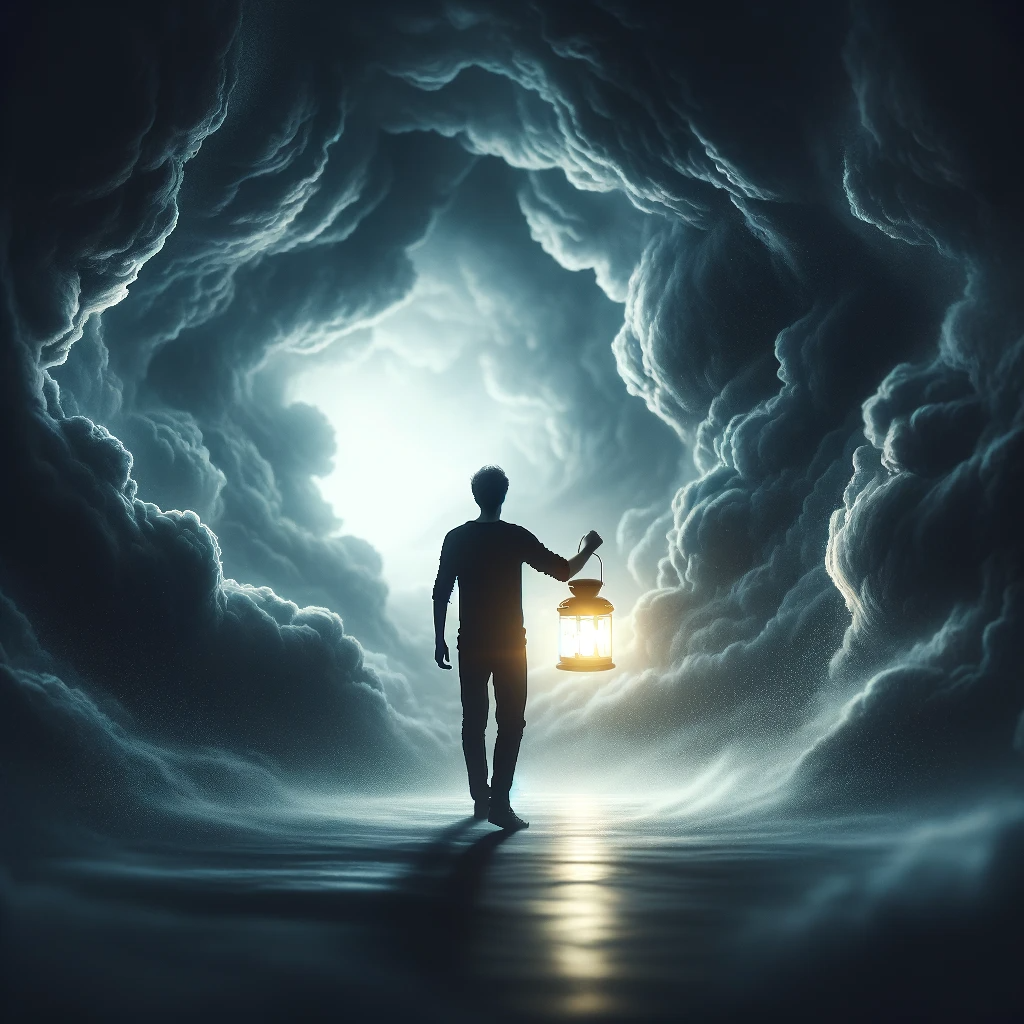 DALL·E 2023-11-03 04.42.32 - A photo of a person standing resilient amidst a storm, clutching a small, glowing lantern that symbolizes hope against the dark, swirling clouds in th.png