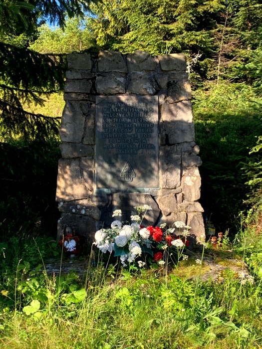 Jeden z licznych w paśmie Jaworzyny Krynickiej pomników upamiętniających partyzantów z IIWŚ