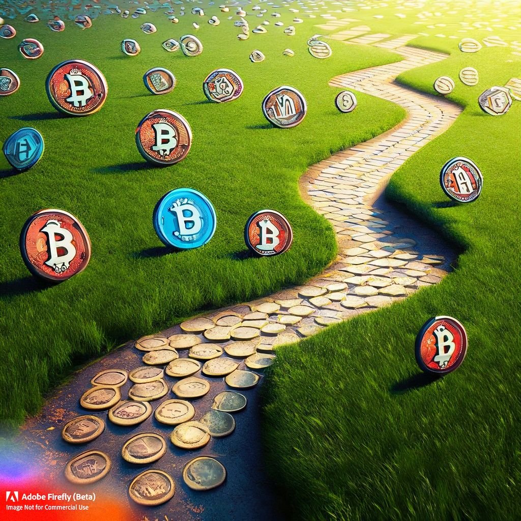 Firefly with grass in background, more than one pathways and different crypto coins along the way 82.jpg