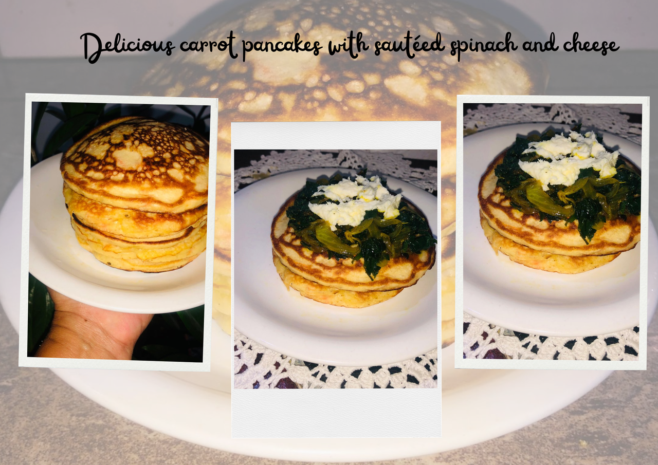 Delicious carrot pancakes with sautéed spinach and cheese.png