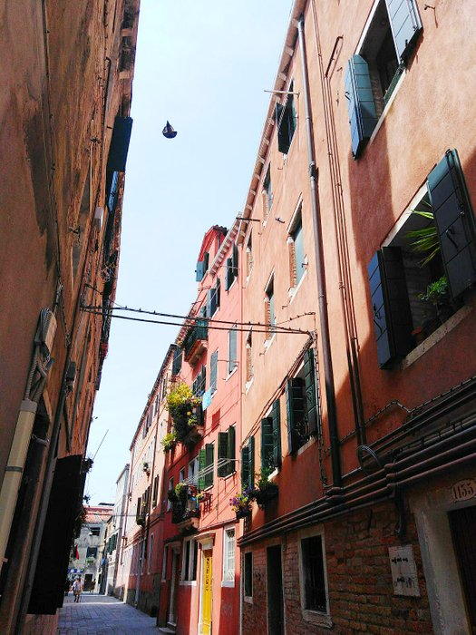 Beautiful red house facades with great flowers in Verona - a typical ”alley” in the city
