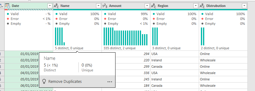 Data profiling views in power query