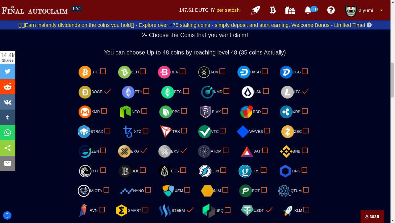 Selecting the coins to claim