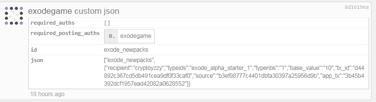 L'envoi exode_newpacks confirme dans la blockchain la prise en compte de l'achat et l'acquisition des packs.